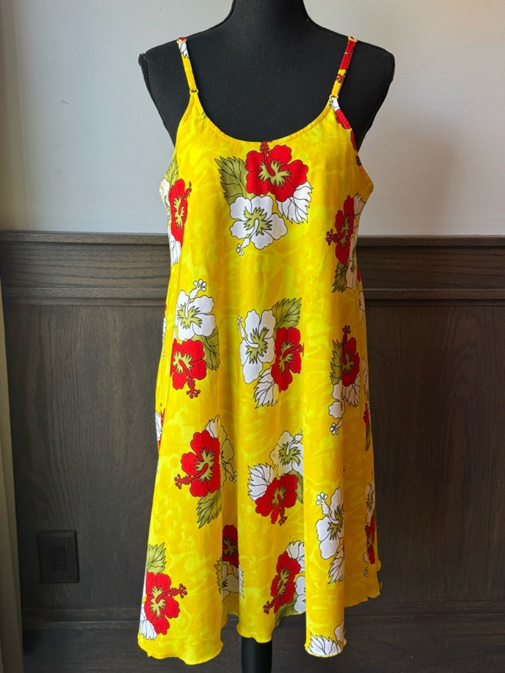 Rima beachwear Yellow Floral Slip Dress with Red & White Blooms Large